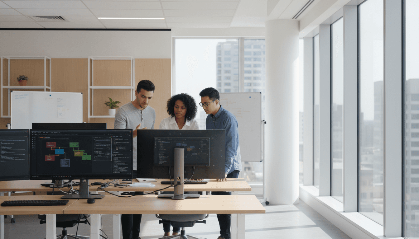 Diverse team of professionals working together at a modern tech company workspace