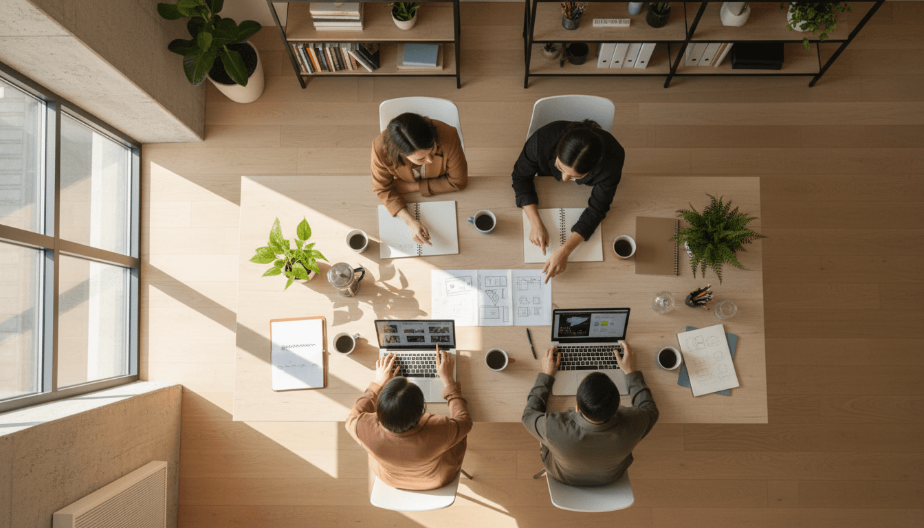 Team members collaborating at a modern office workspace
