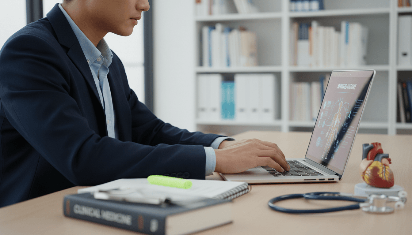 Healthcare student using AI tutoring system to prepare for licensing exams