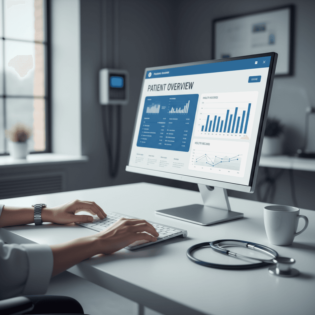 Healthcare professional using Atlas EHR clinical intelligence platform on desktop computer